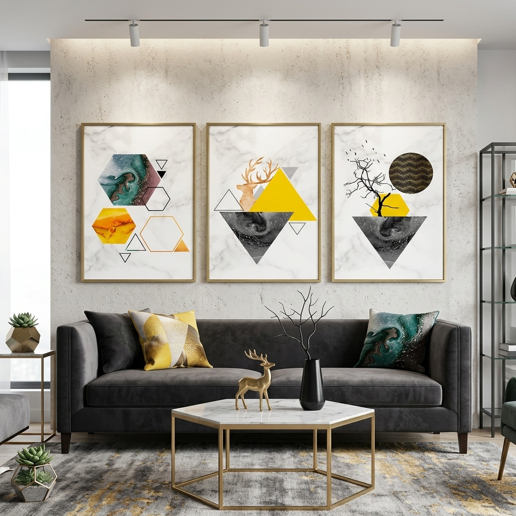 Modular yellow and gray geometric abstraction Multi Panel Canvas Wall Art Print