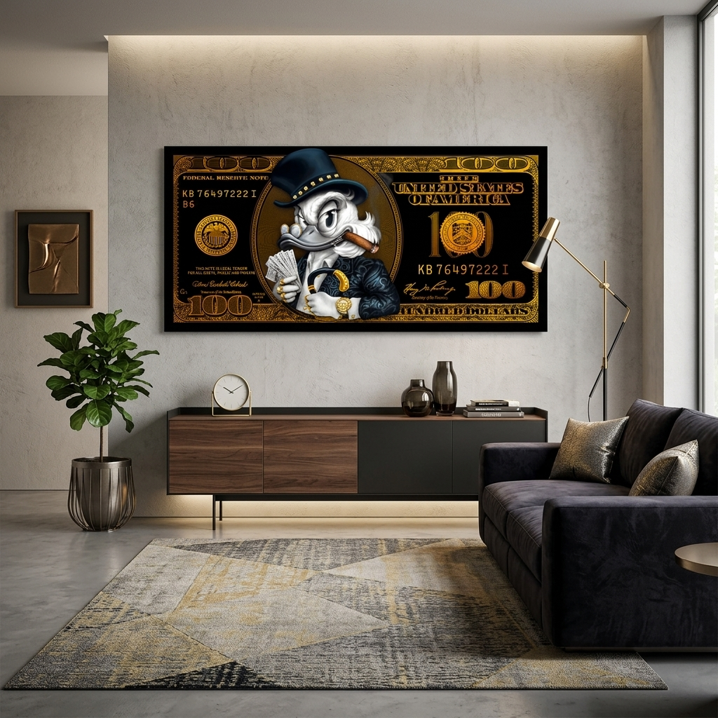 100 dollar bill black and gold Scrooge Motivational Canvas Wall Art Print