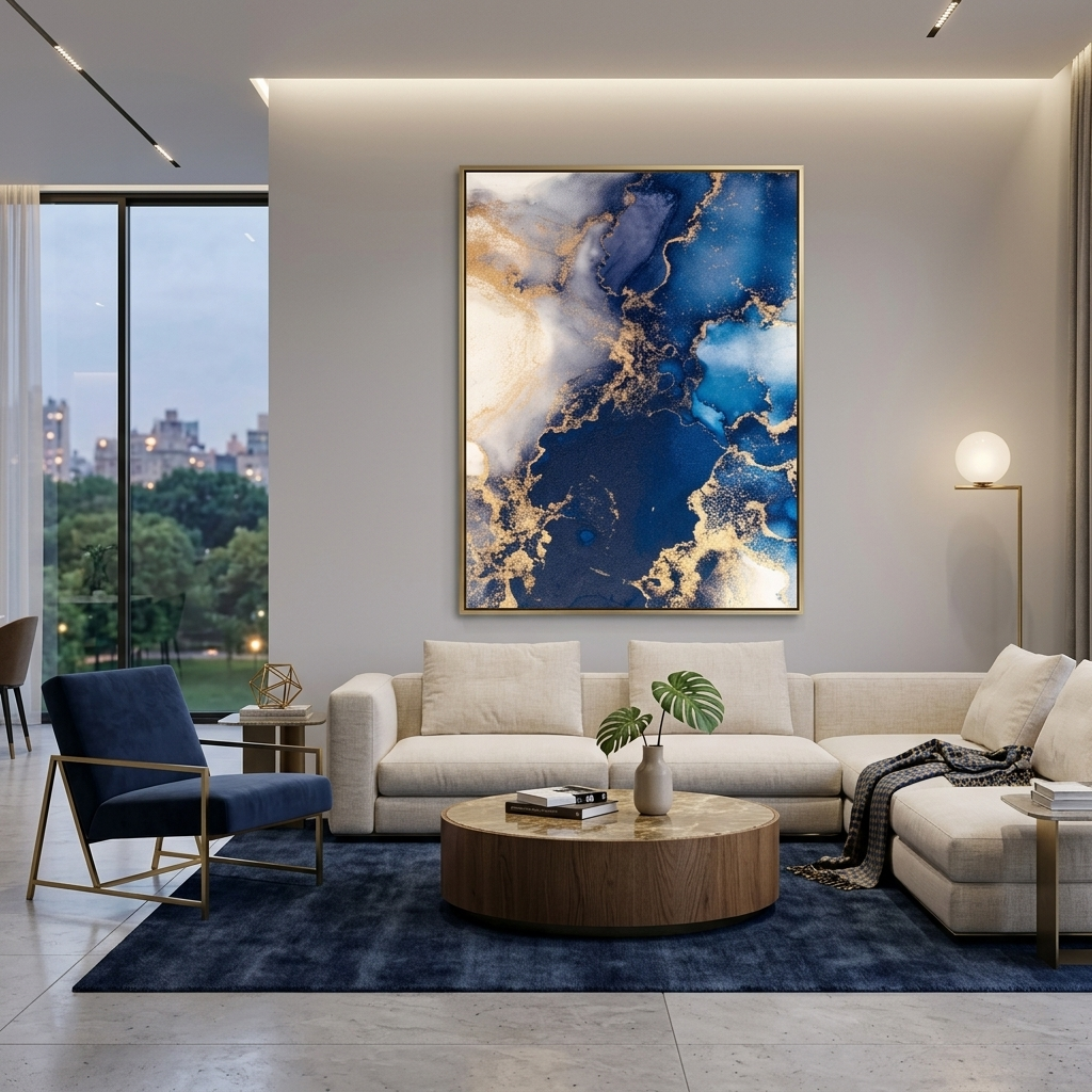 For interior Abstraction blue and gold sand Canvas Wall Art Print
