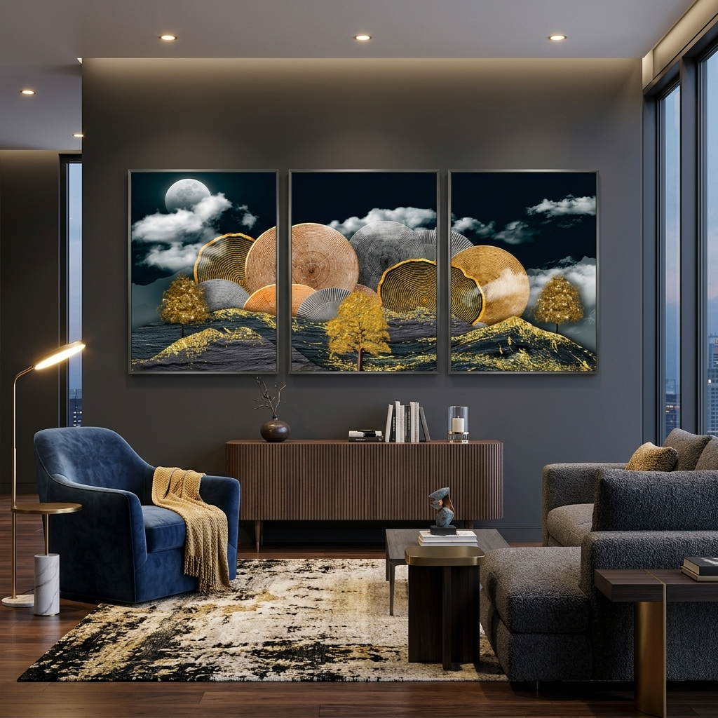 Modular abstract tree in gold Multi Panel Canvas Wall Art Print