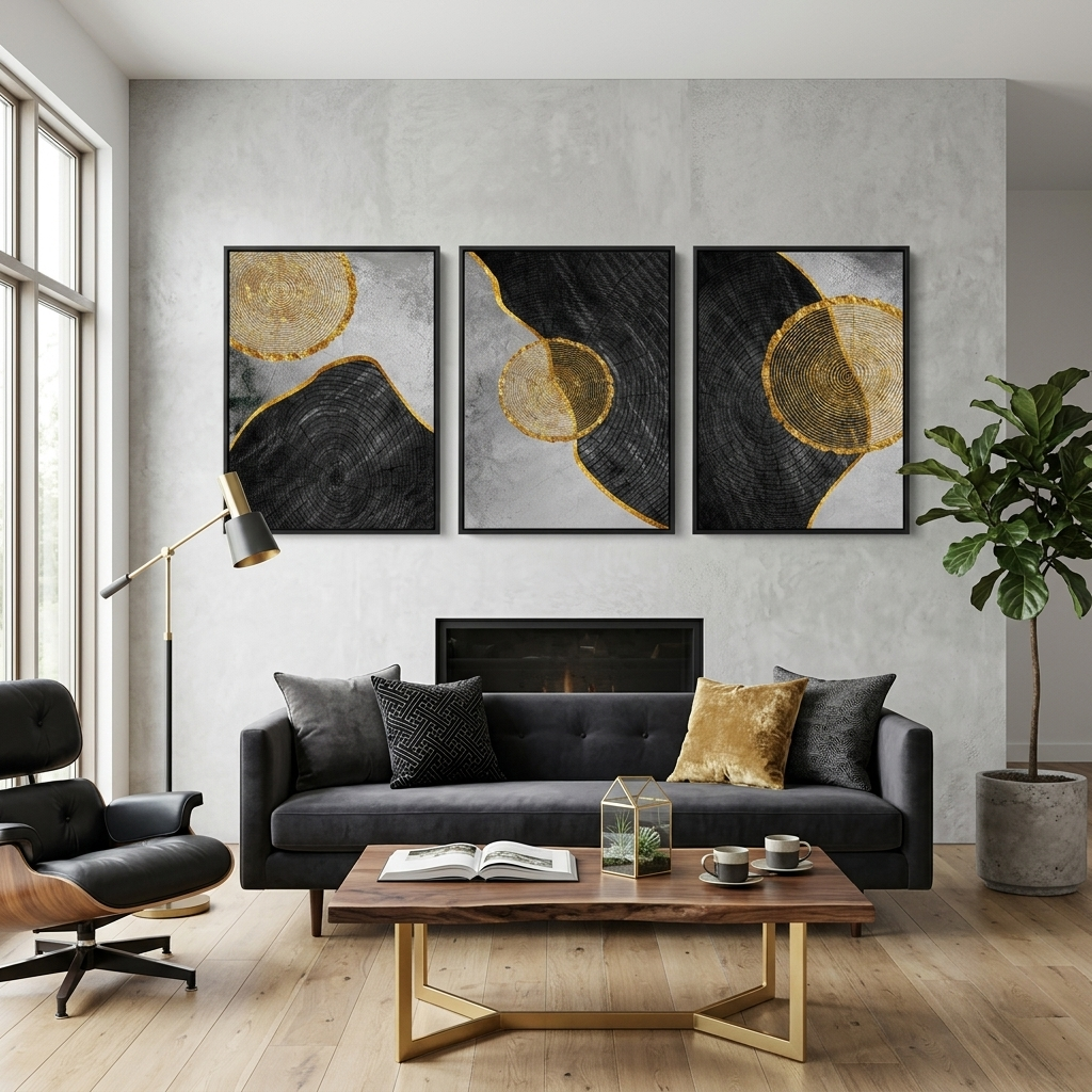 Modular geometric abstraction with golden border of figures Multi Panel Canvas Wall Art Print