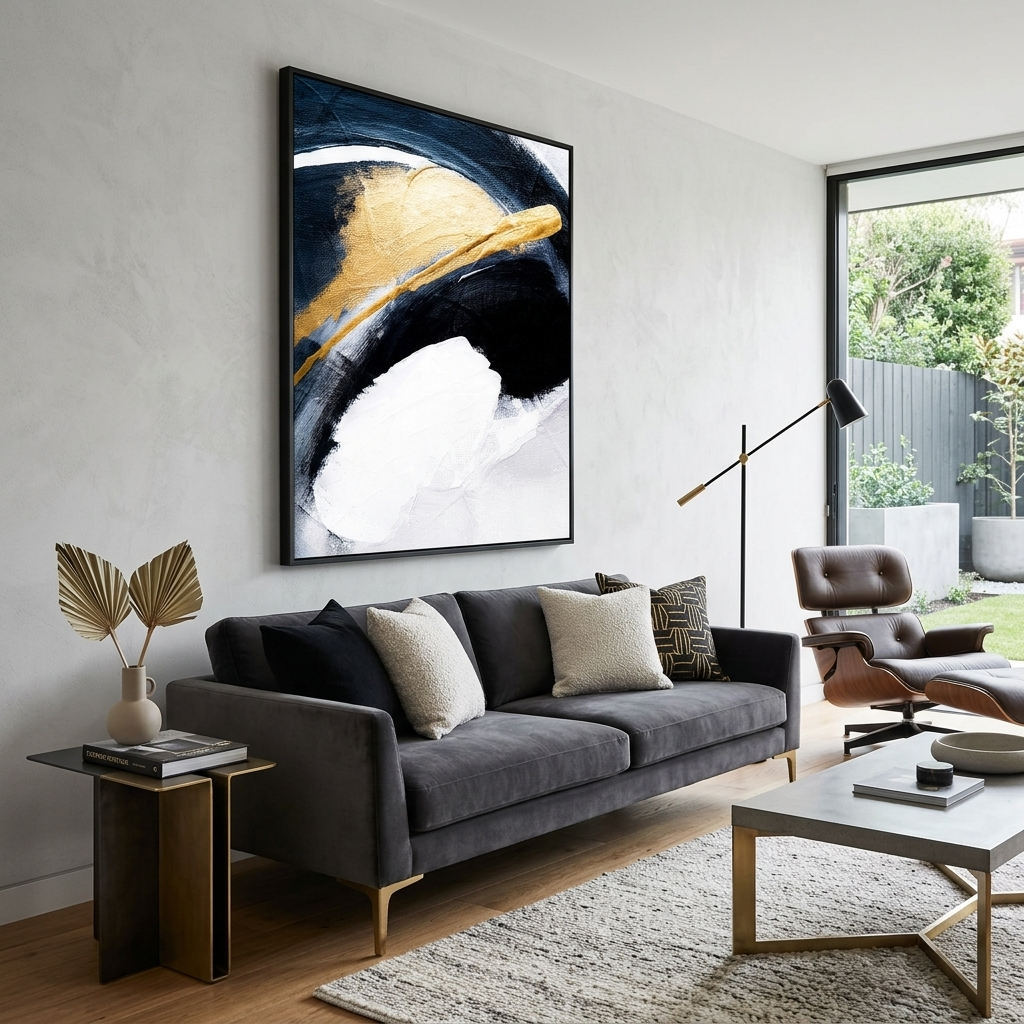 In white blue gold color Abstraction Canvas Wall Art Print