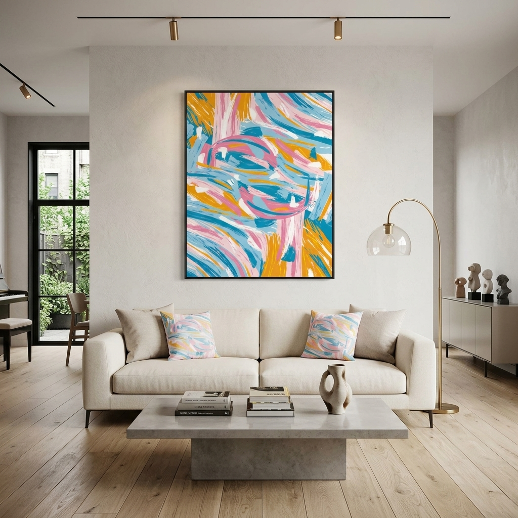 Orange pink and blue color line abstraction Abstraction Canvas Wall Art Print