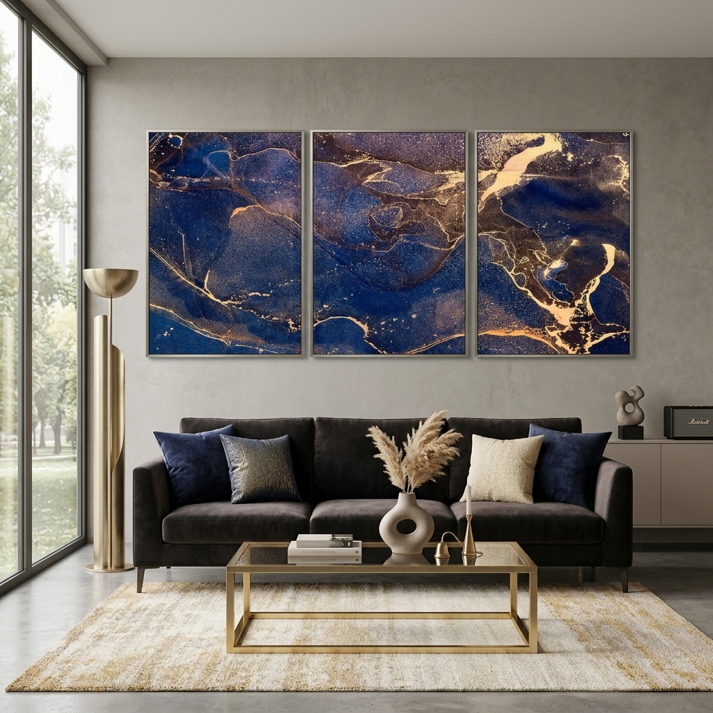 Modular blue-gold abstract Multi Panel Canvas Wall Art Print