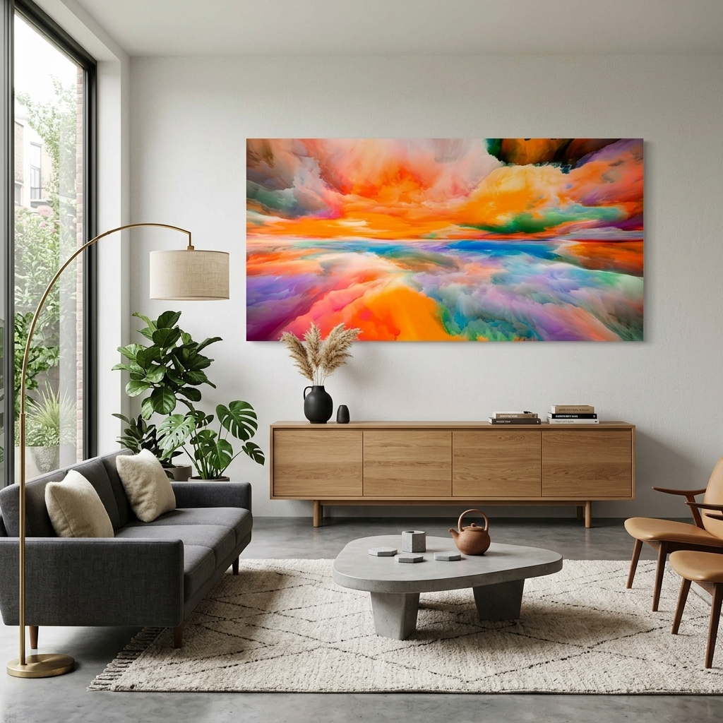 Rainbow abstraction with a central orange color Abstraction Canvas Wall Art Print