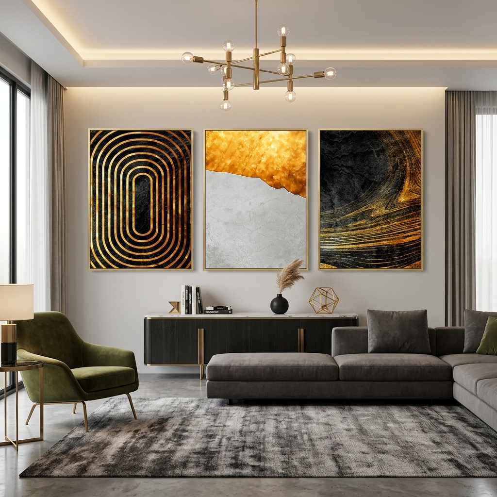 Modular black and gold with gray abstraction Multi Panel Canvas Wall Art Print