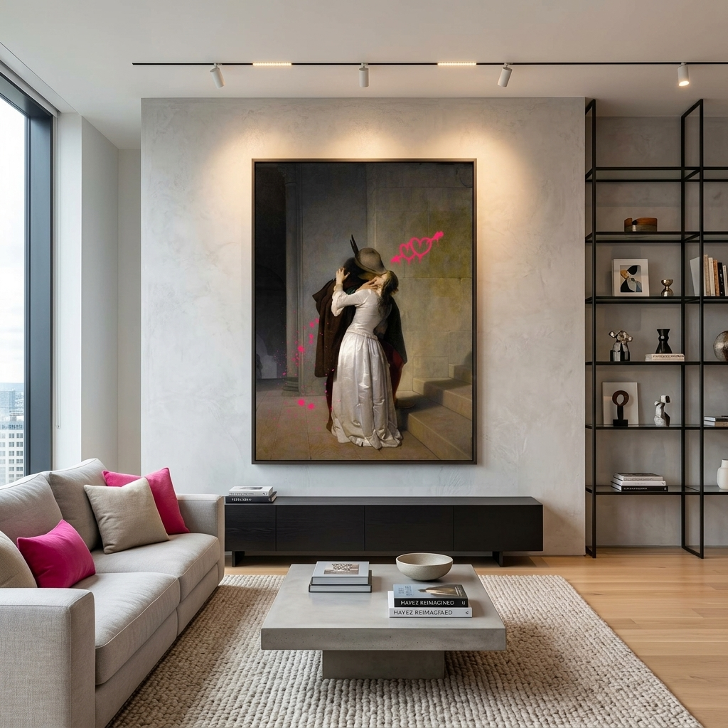 Canvas Wall Art Print Kiss by F. Ayets with pink hearts