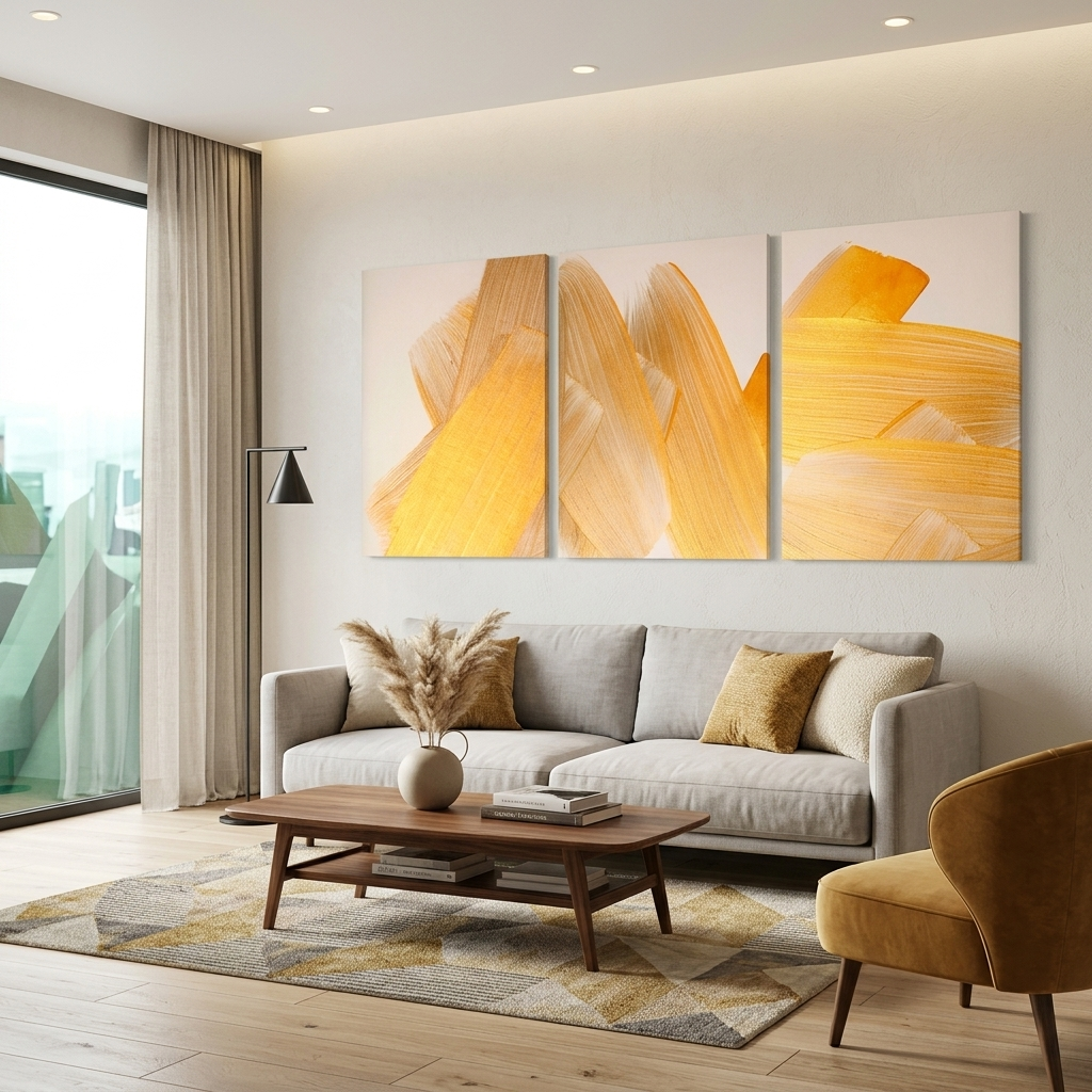 Modular gold strokes on a beige background Multi Panel Canvas Wall Art Print