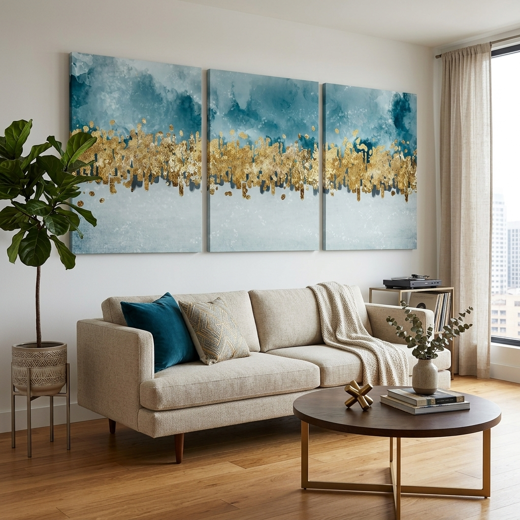 Modular blue-gray abstract with gold elements Multi Panel Canvas Wall Art Print