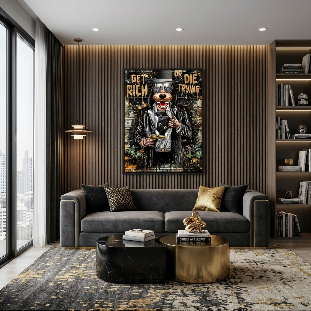 A cartoon dog with a gold gun Canvas Wall Art Print