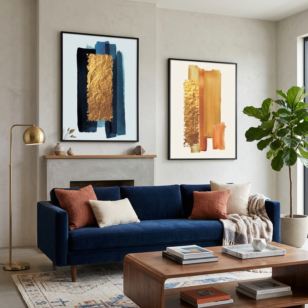 Modular gold and blue masks on a white background Multi Panel Canvas Wall Art Print