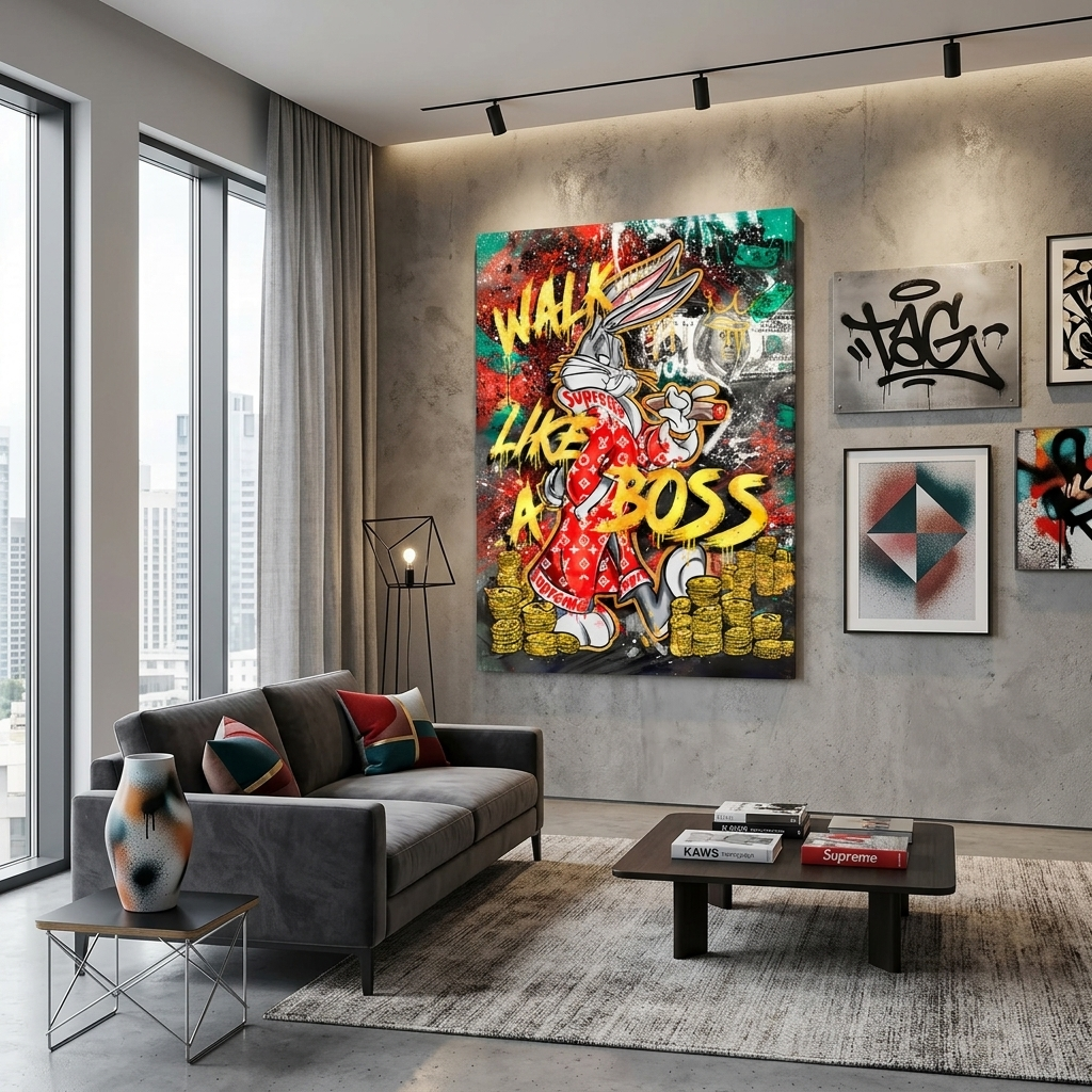 Bunny with a cigar against a backdrop of dollars and gold coins Canvas Wall Art Print