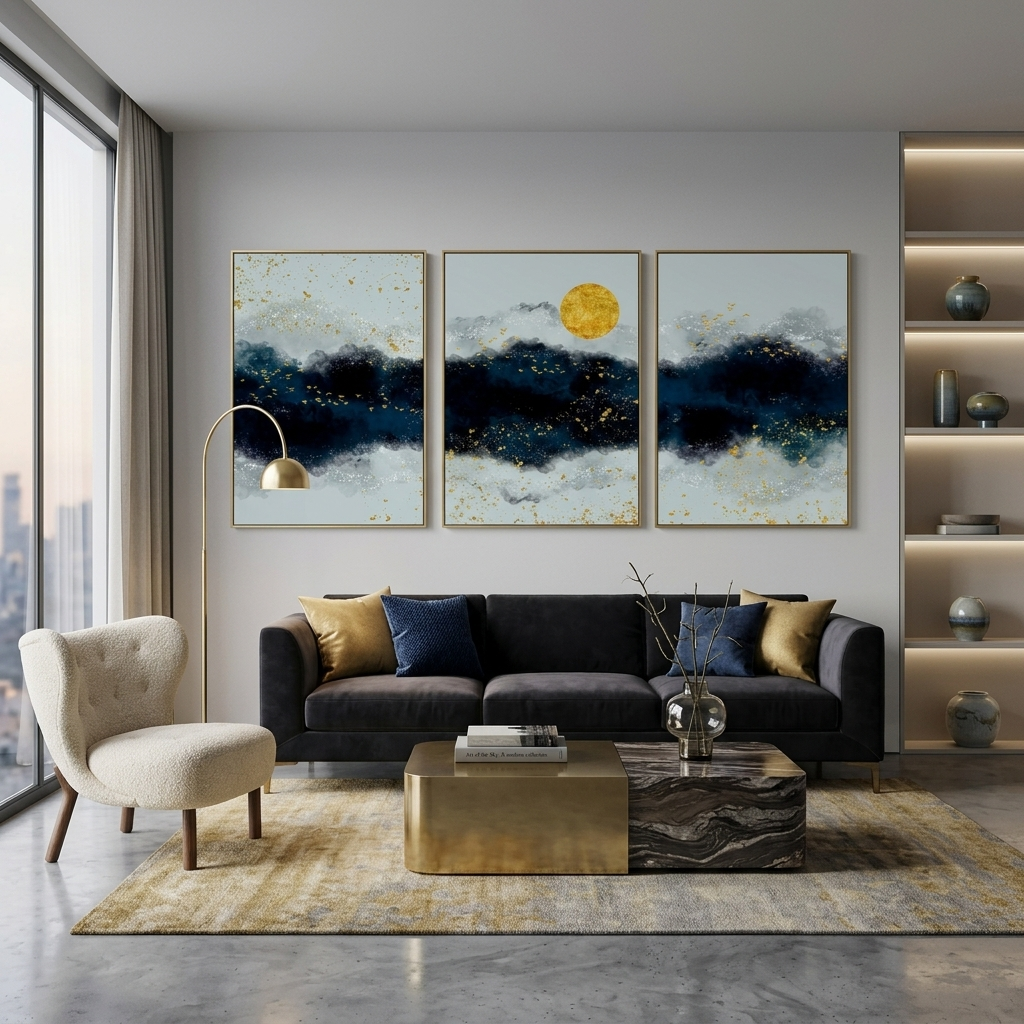 Modular three-piece gray-blue abstract Multi Panel Canvas Wall Art Print