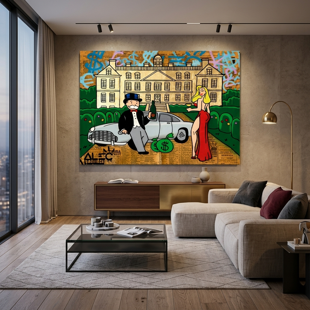 The girl and Alec Monopoly in the background of the car and the house Canvas Wall Art Print
