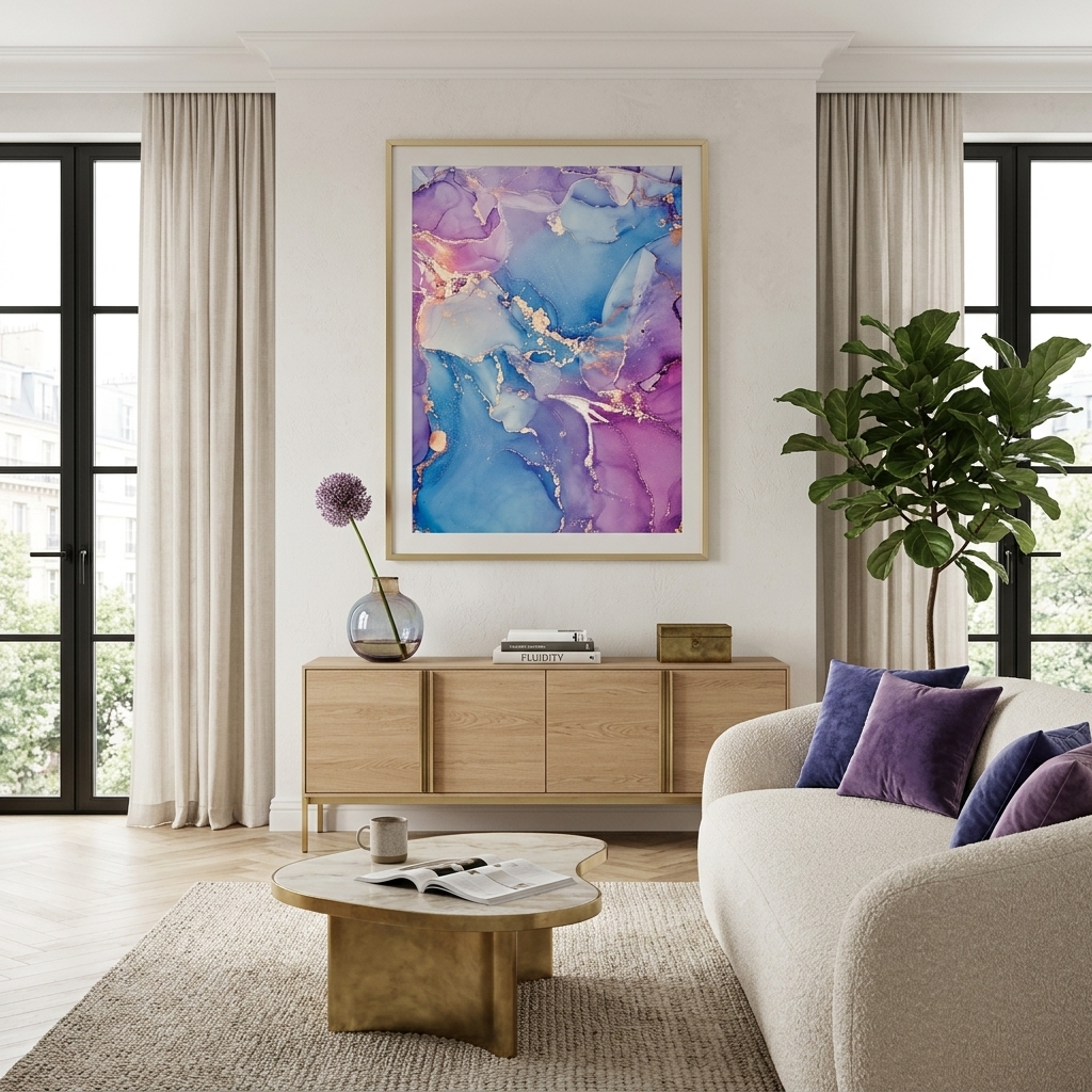 Gently purple abstract with blue color and gold lines Abstraction Canvas Wall Art Print