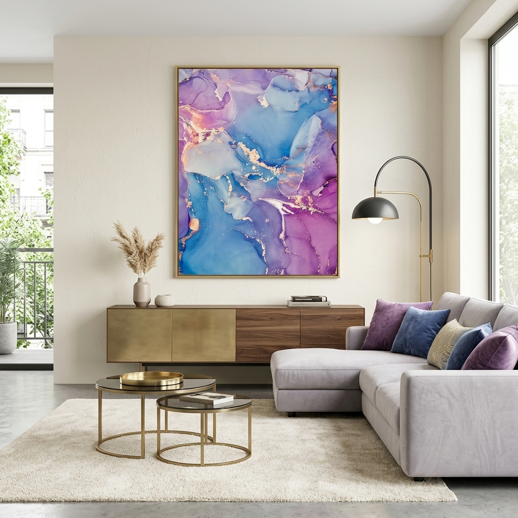 Gently purple abstract with blue color and gold lines Abstraction Canvas Wall Art Print