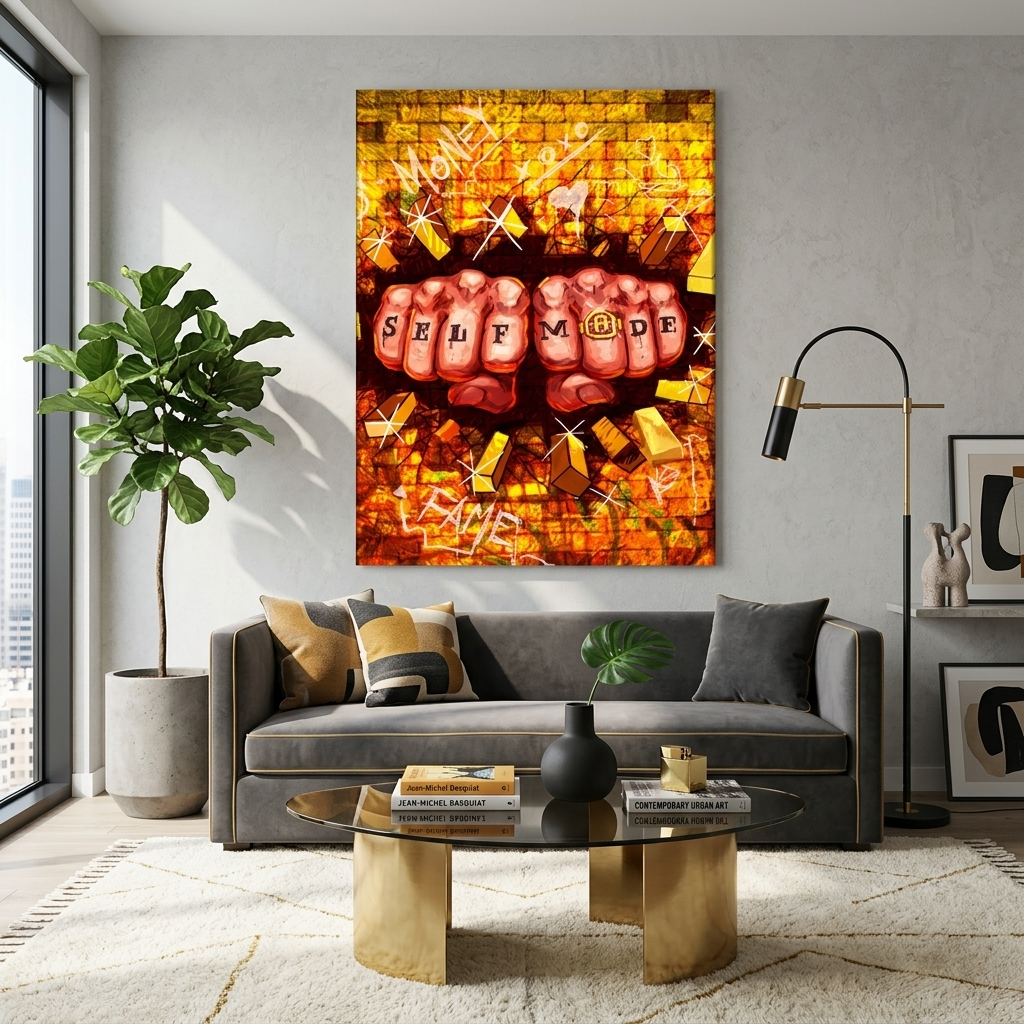 Two fists and a golden wall Motivational Canvas Wall Art Print