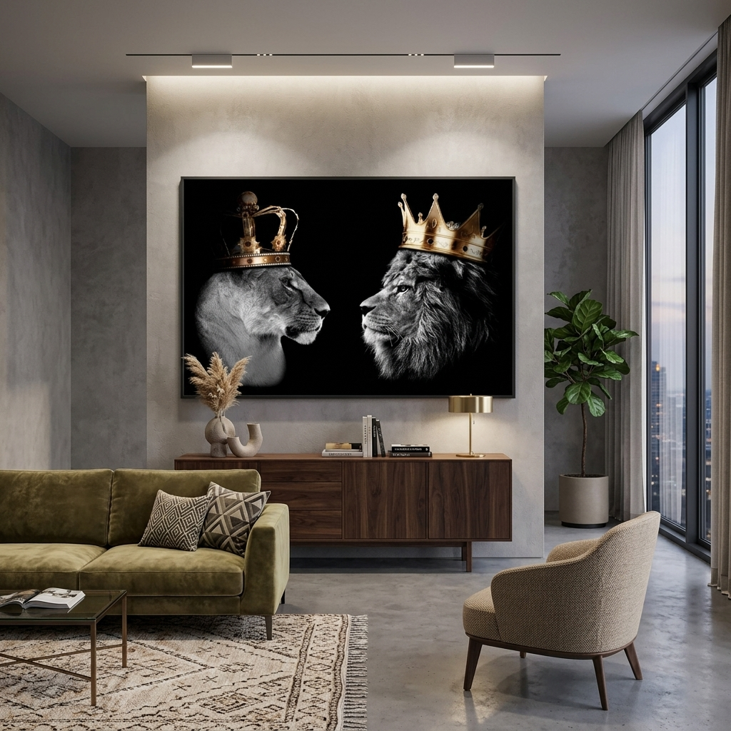 Lion king and lion queen on a black background Motivational Canvas Wall Art Print