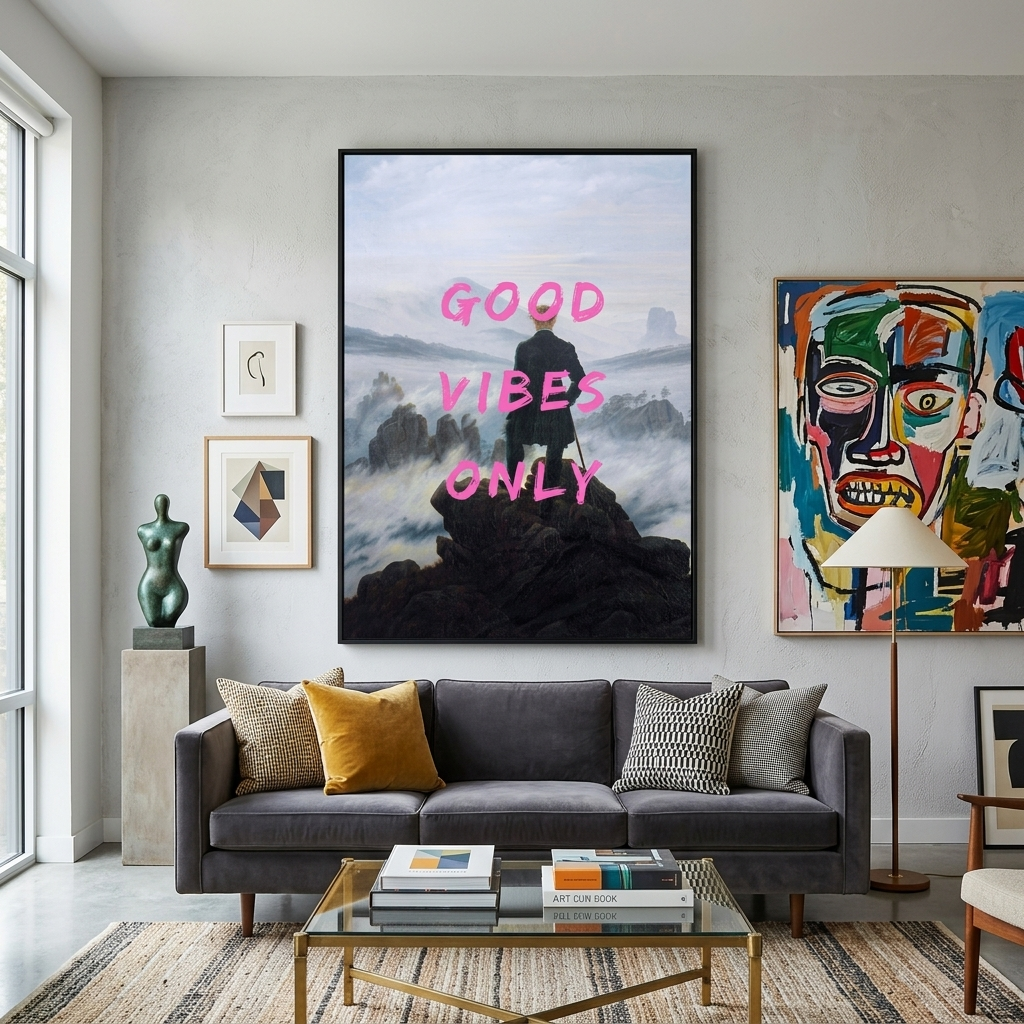Canvas Wall Art Print Wanderer over the sea of fog. Good vibes only