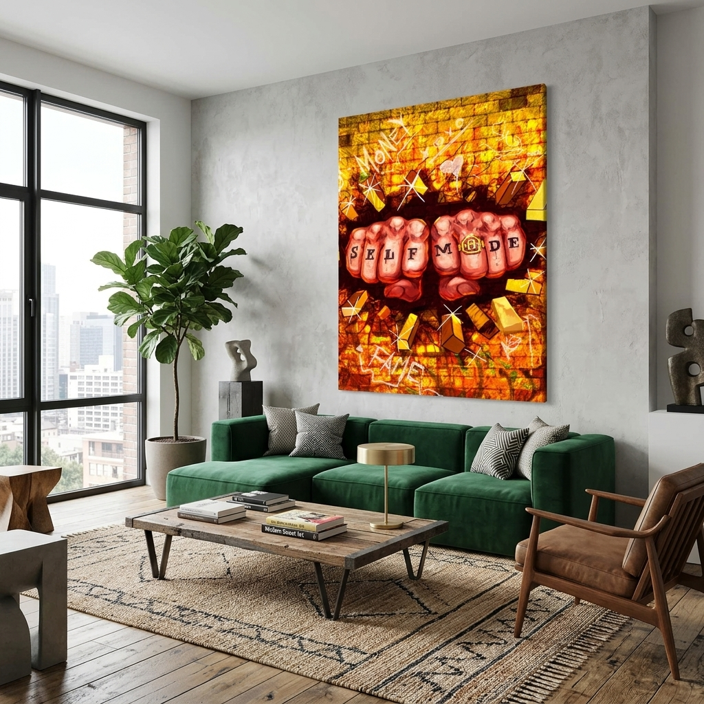 Two fists and a golden wall Motivational Canvas Wall Art Print
