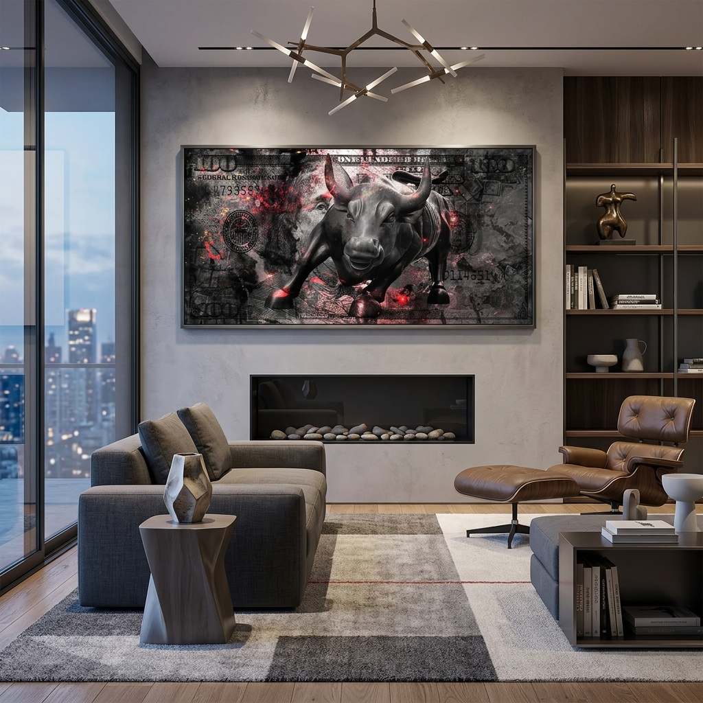 100 dollars with an attacking bull Inspirational Canvas Wall Art Print