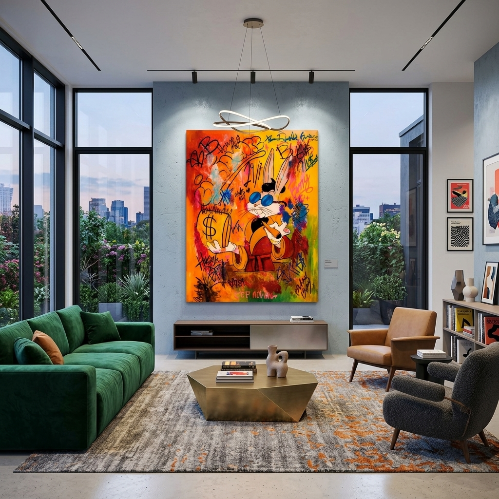A rabbit with orange graffiti Canvas Wall Art Print