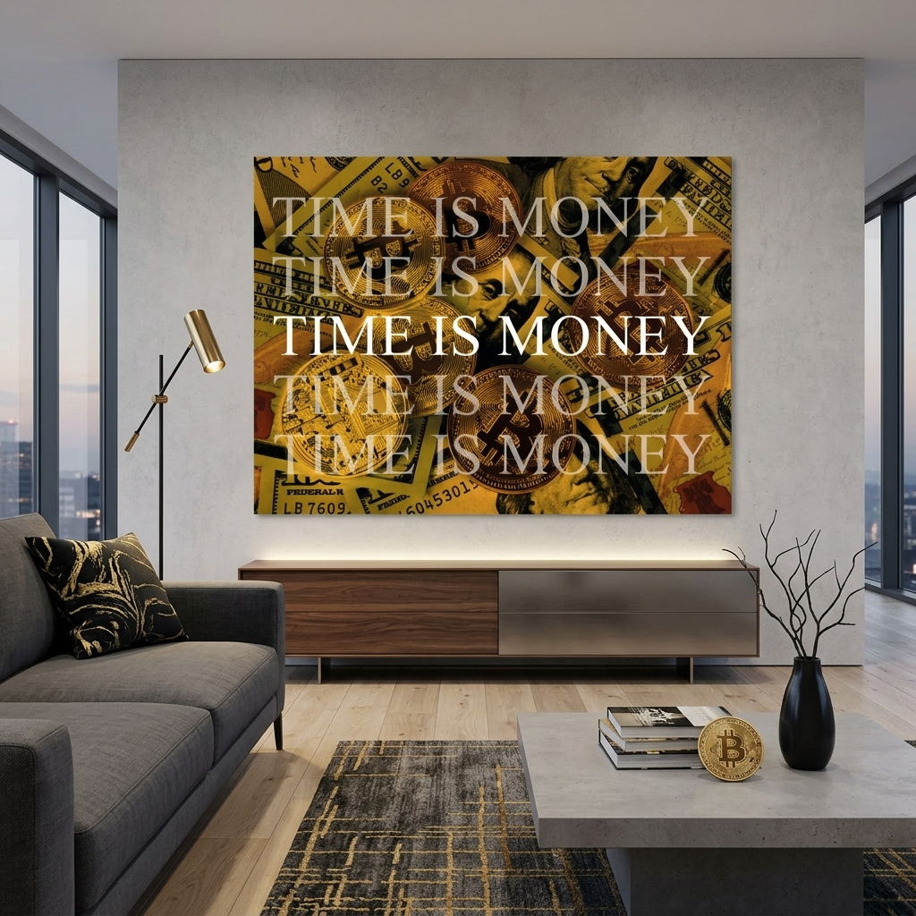 Dollars and bitcoin time money on a yellow background Motivational Canvas Wall Art Print