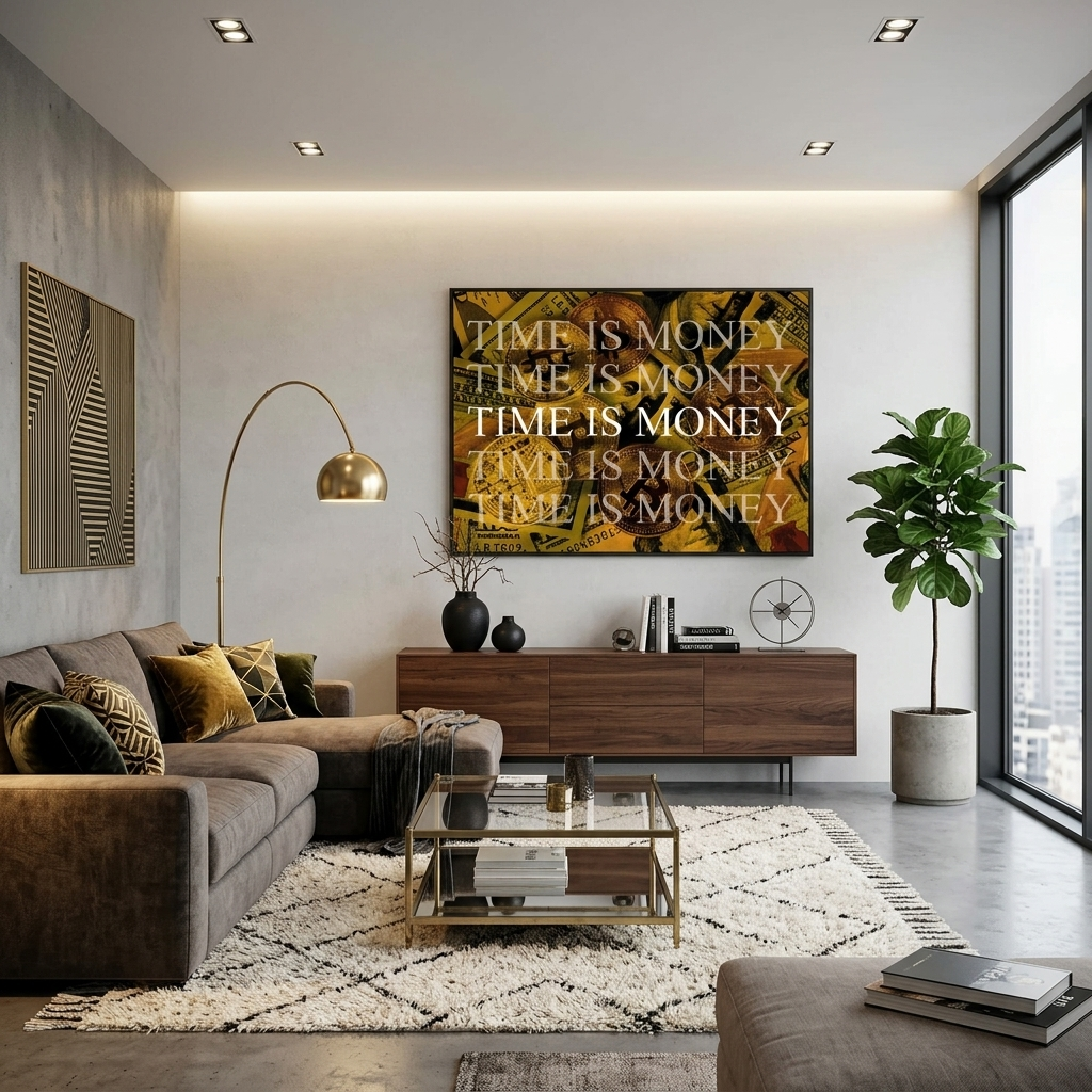 Dollars and bitcoin time money on a yellow background Motivational Canvas Wall Art Print