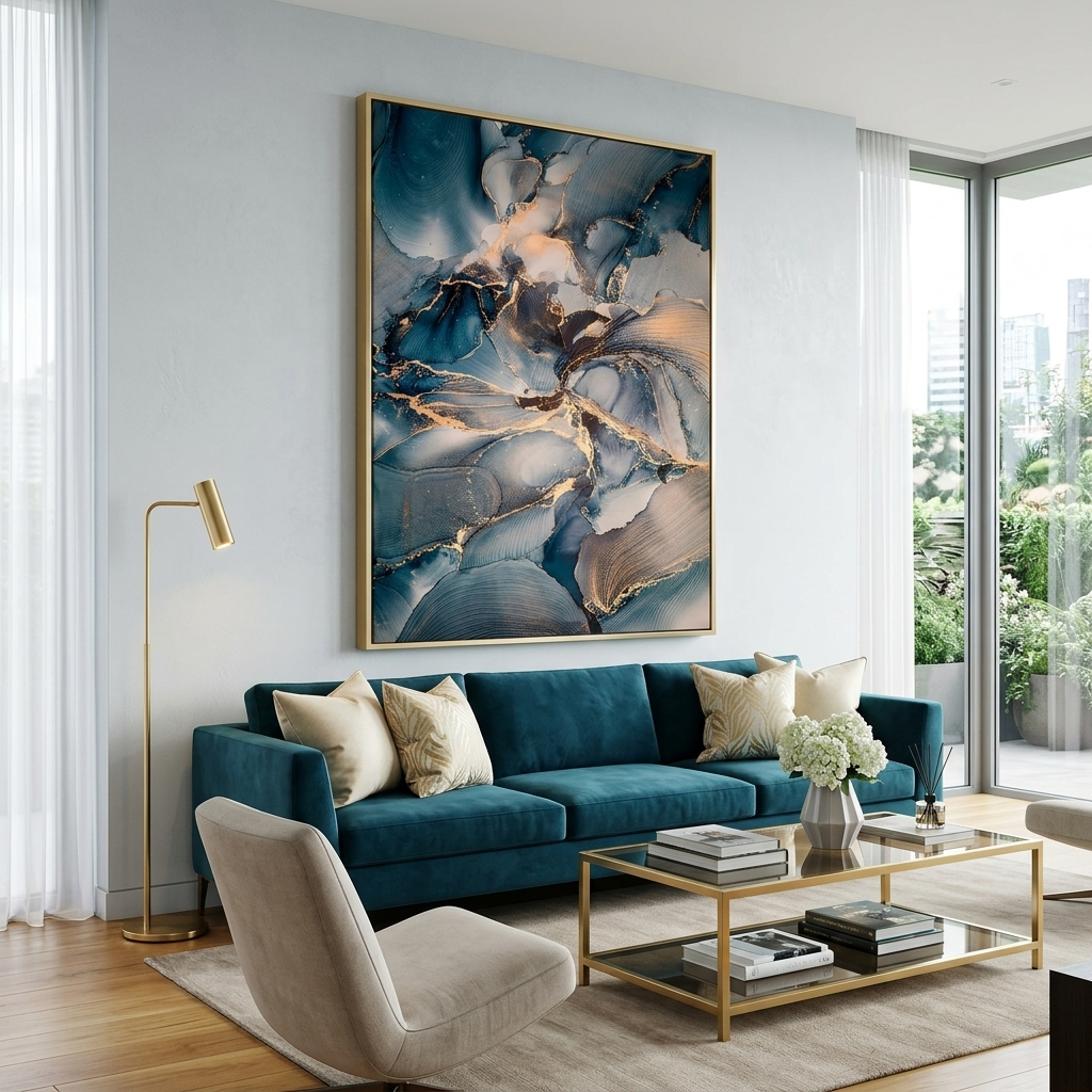 Dark blue tones with gold elements Abstraction Canvas Wall Art Print