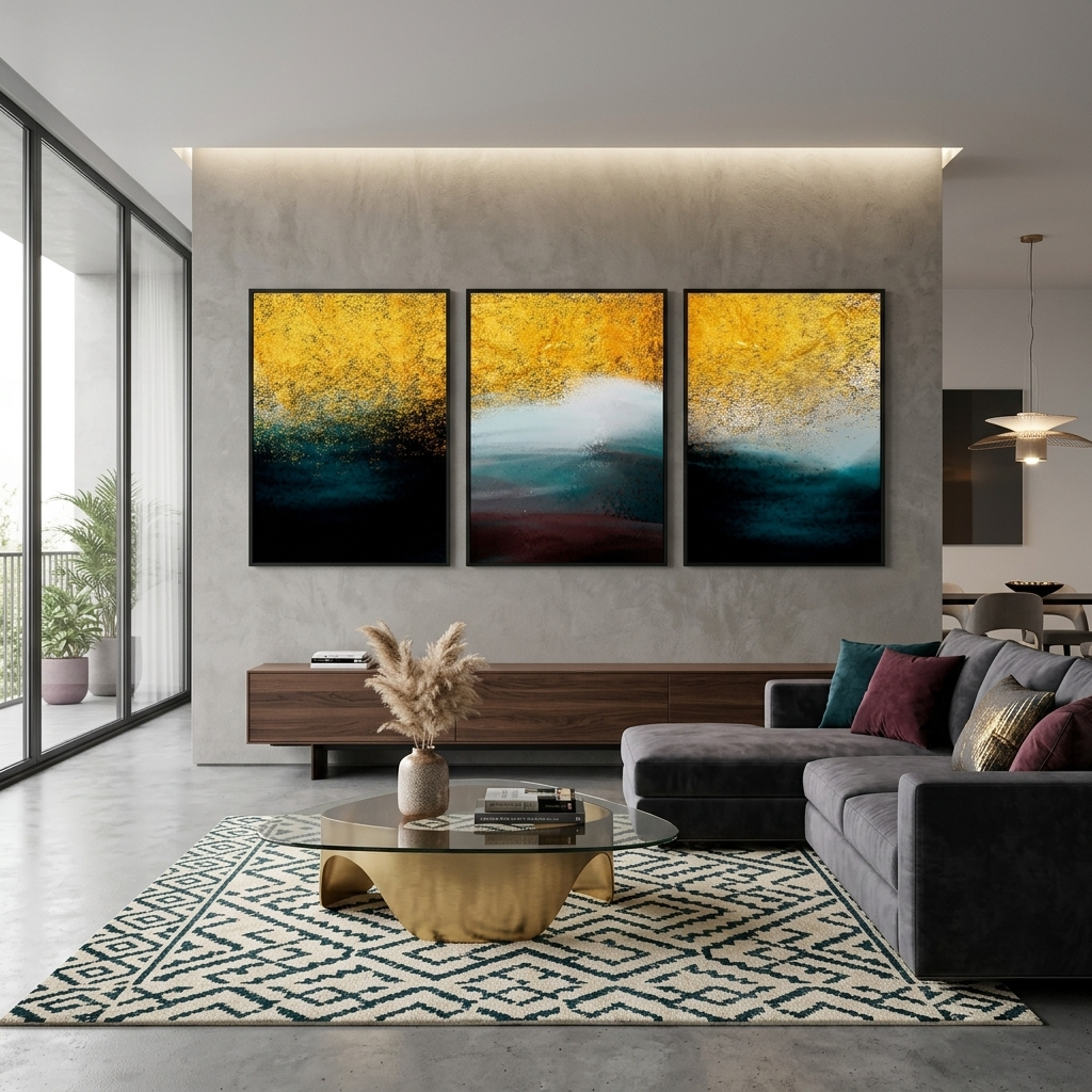 Modular of three pieces in gold white and dark colors Multi Panel Canvas Wall Art Print