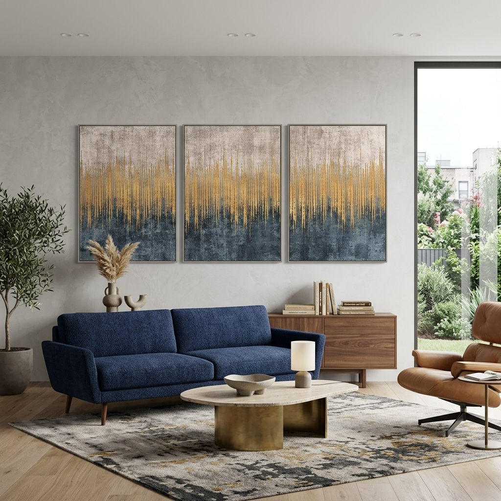 Modular abstract beige and gray with gold Multi Panel Canvas Wall Art Print