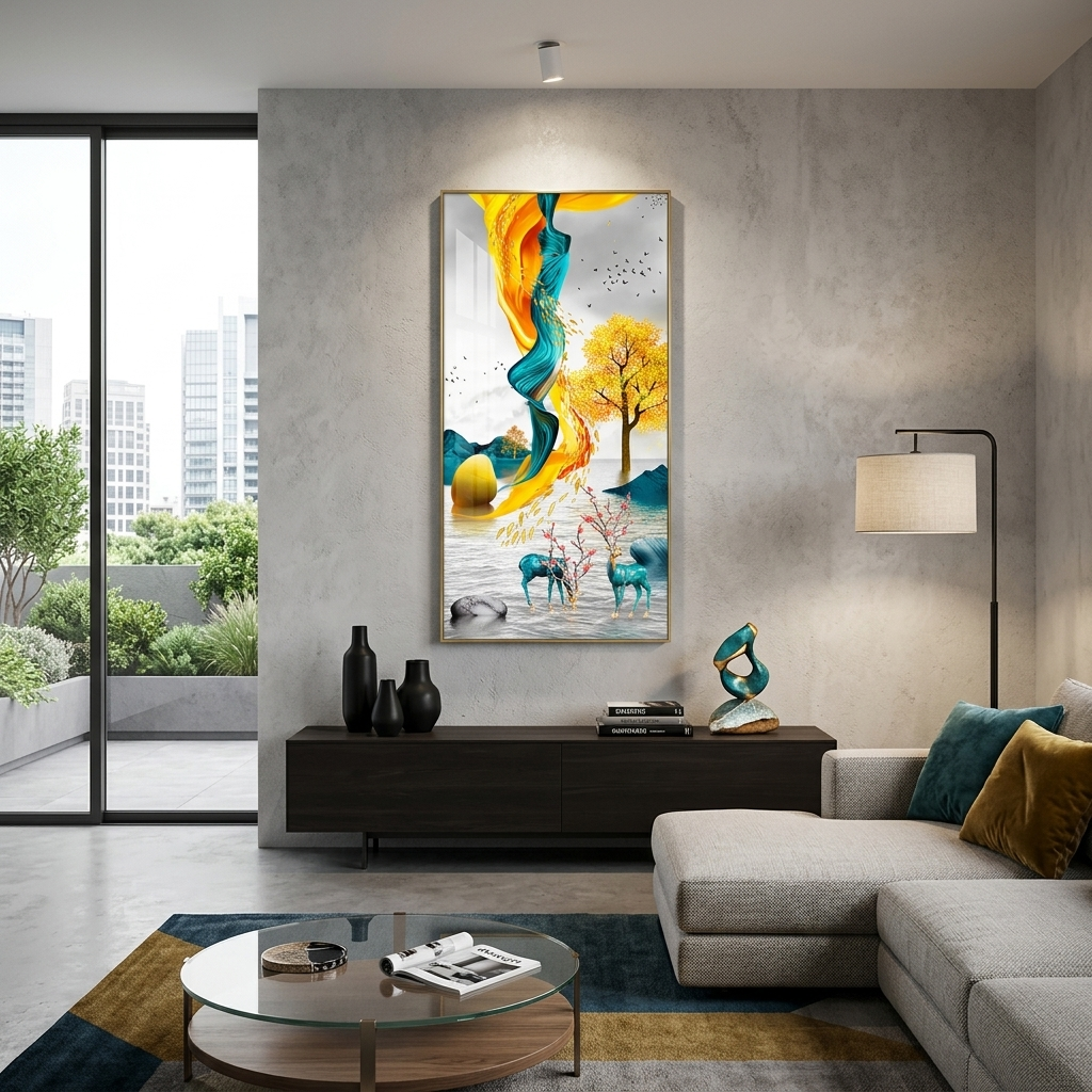 Two green deer with yellow and green details in the background Abstraction Canvas Wall Art Print