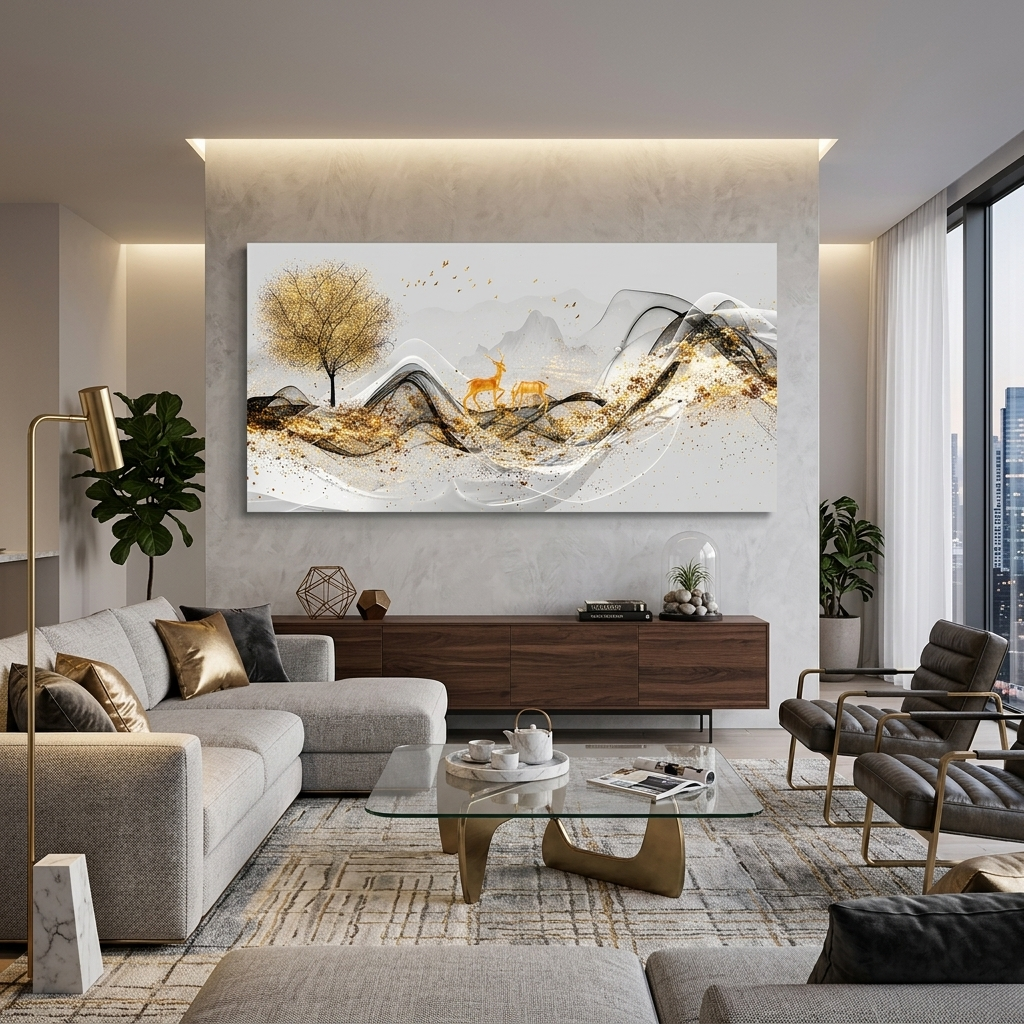 Two deer near a tree with a mountain in the background Abstraction Canvas Wall Art Print