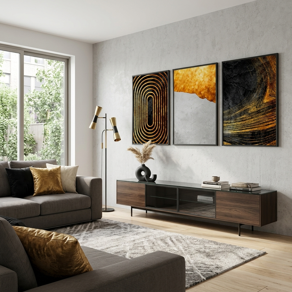 Modular black and gold with gray abstraction Multi Panel Canvas Wall Art Print