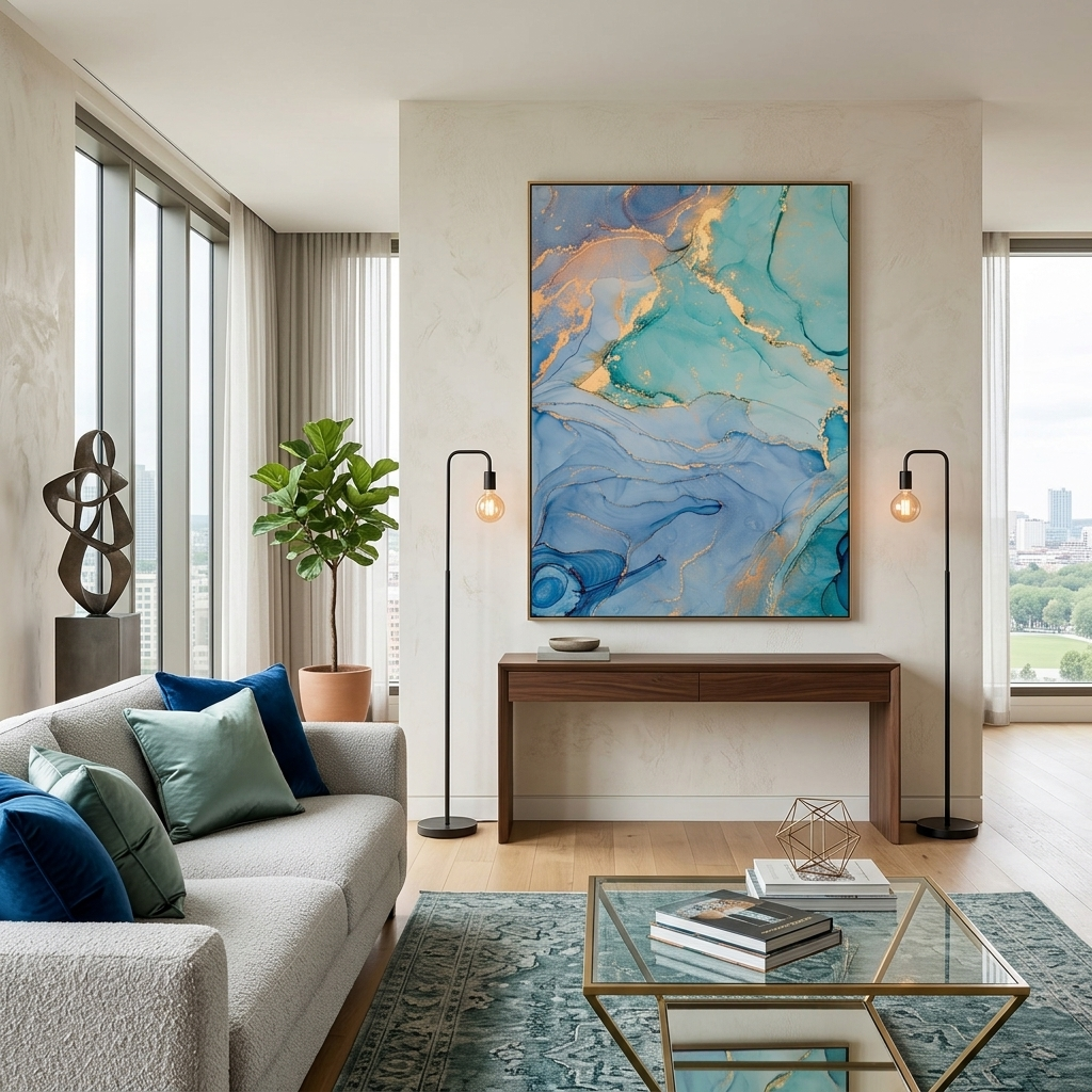 Turquoise with gold elements Abstraction Canvas Wall Art Print