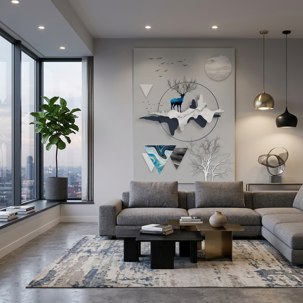 Geometric abstract black and blue deer, gray moon and gray tree Abstraction Canvas Wall Art Print