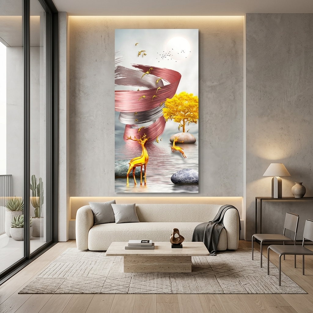 Two deer and a tree in the background of a pink and white tornado Abstraction Canvas Wall Art Print