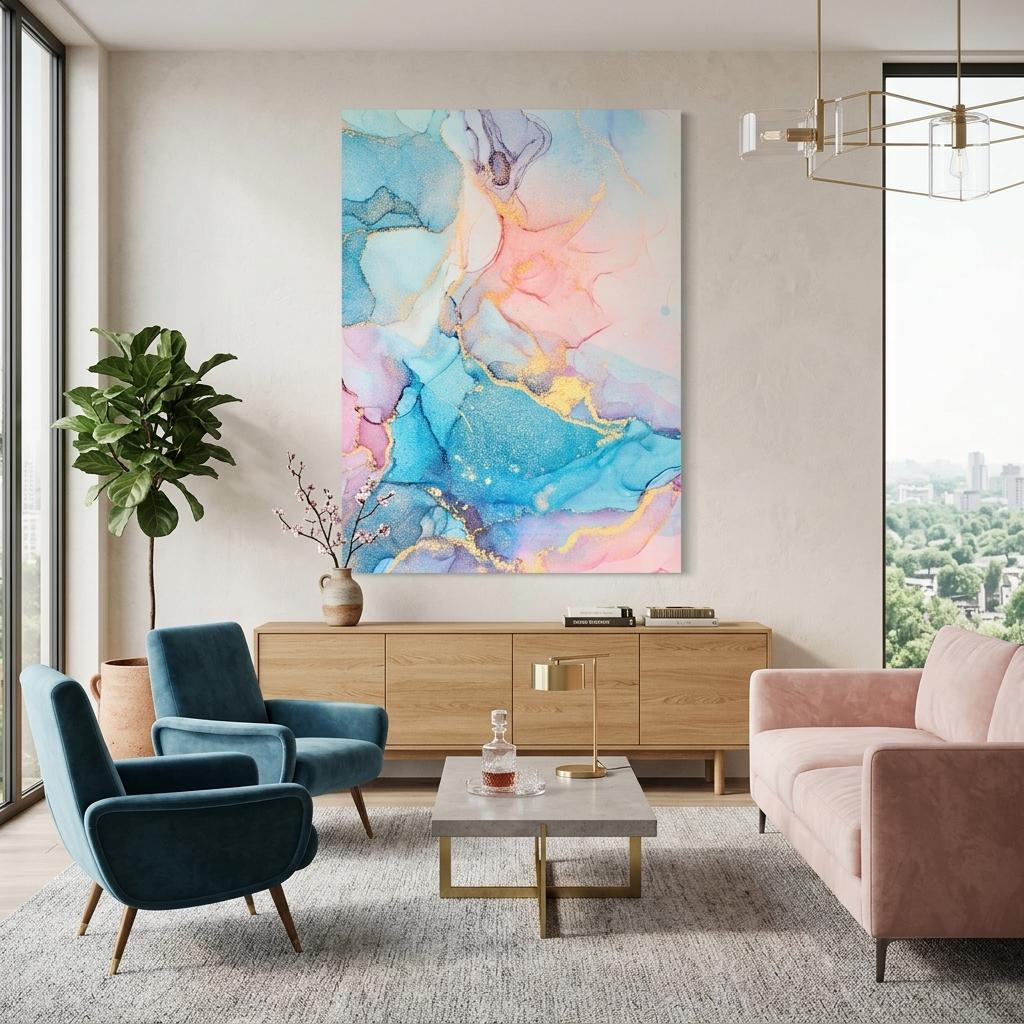 Powder pink with blue-gold tones Abstraction Canvas Wall Art Print