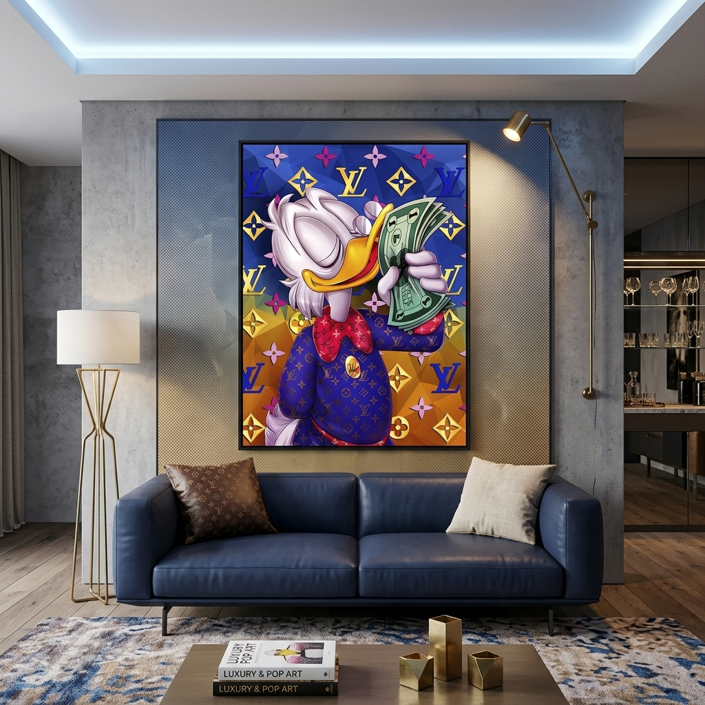 Inspirational Canvas Wall Art Print Scrooge with a bundle of dollars on a yellow and blue background Chanel