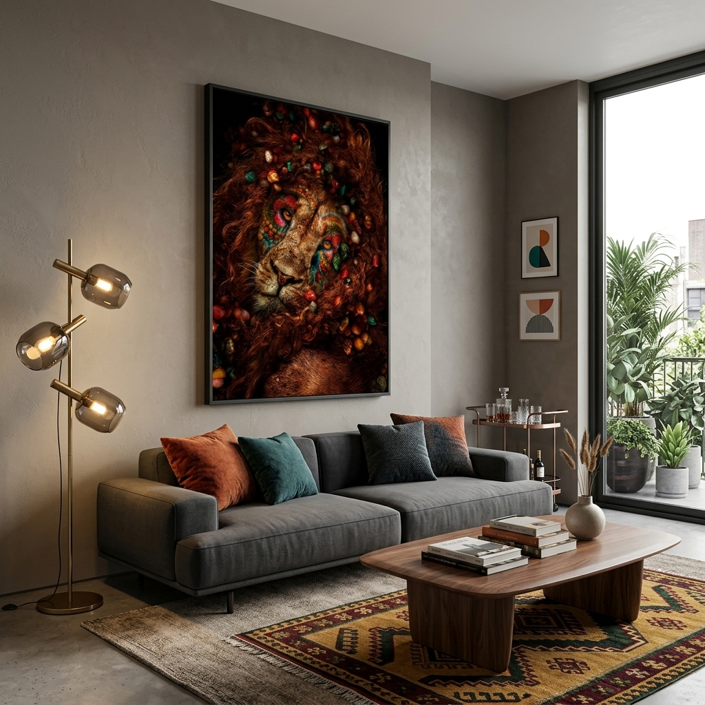 Interior Curly lion and colored stones Canvas Wall Art Print