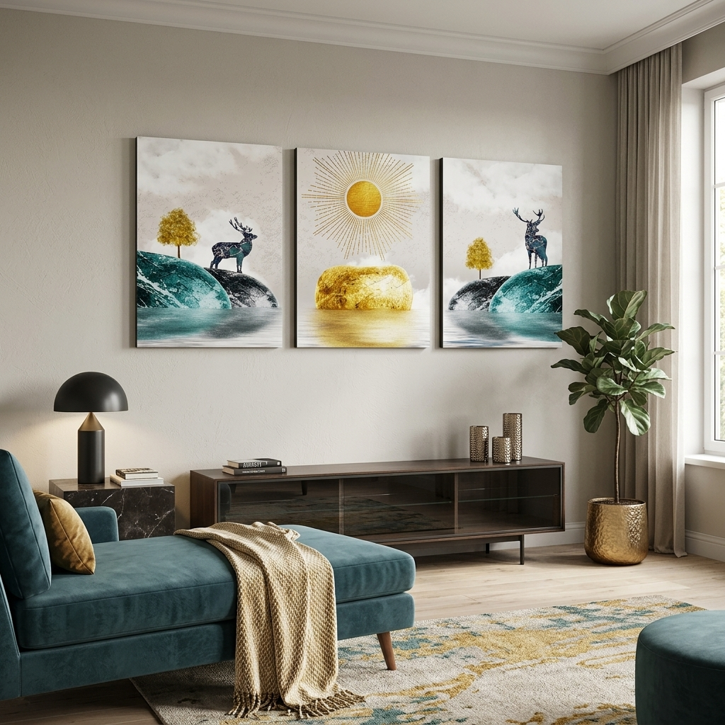 Multi Panel Canvas Wall Art Print Sun between two hills