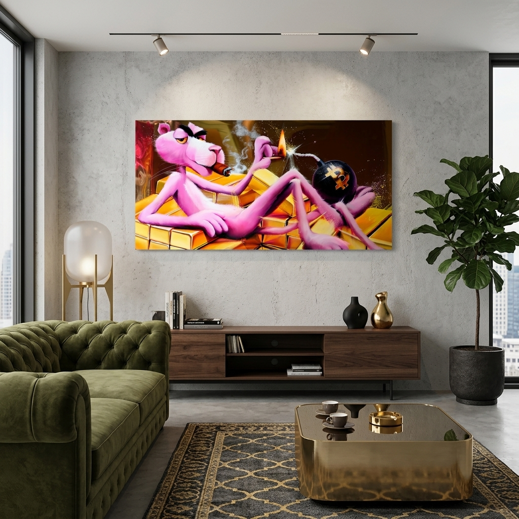Pink panther, gold and bitcoin Inspirational Canvas Wall Art Print