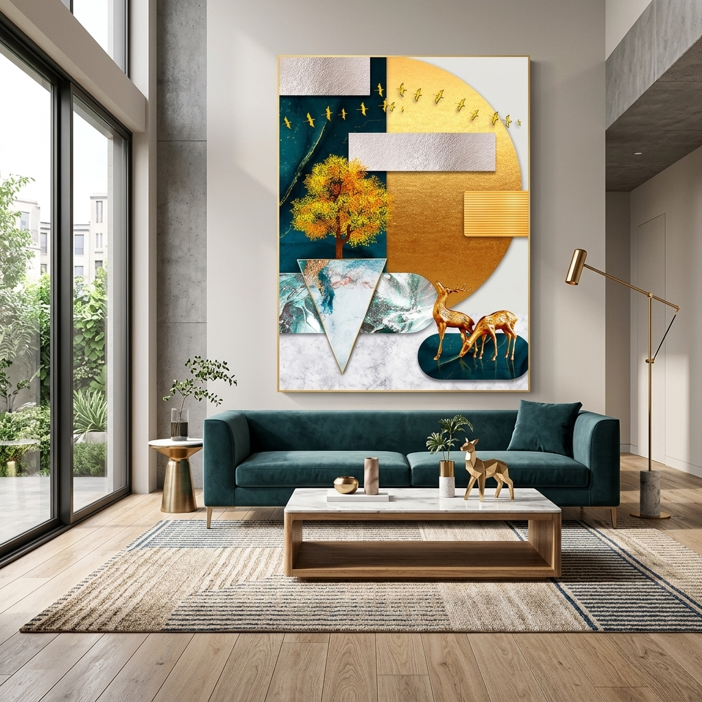 Geometric abstract two golden deer on the background of golden moon Abstraction Canvas Wall Art Print