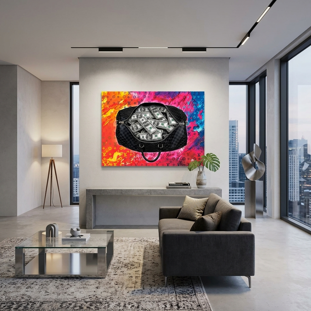 Black bag with 100 dollar bills on a bright background Inspirational Canvas Wall Art Print