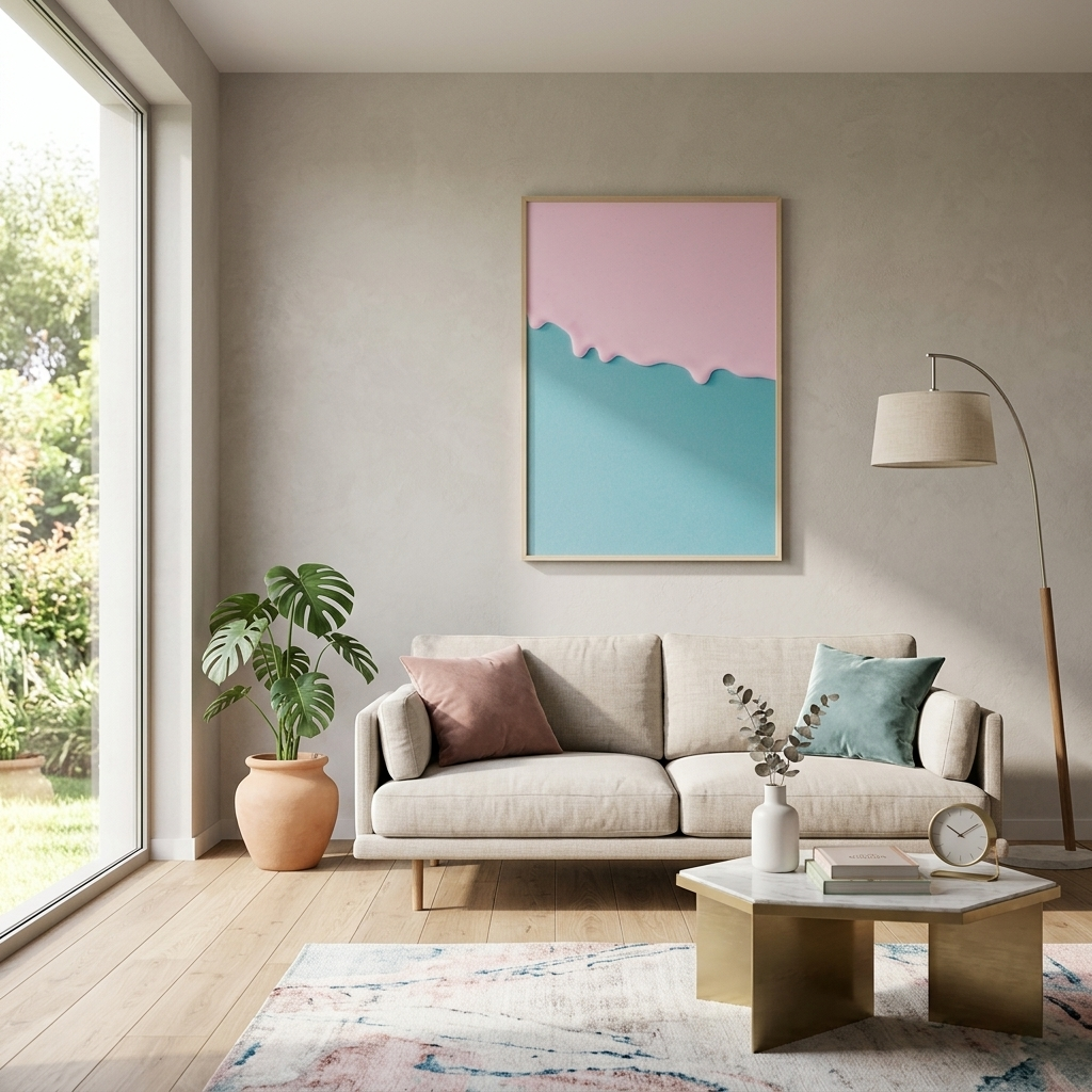 Spattered pink paint on a blue background Canvas Wall Art Print