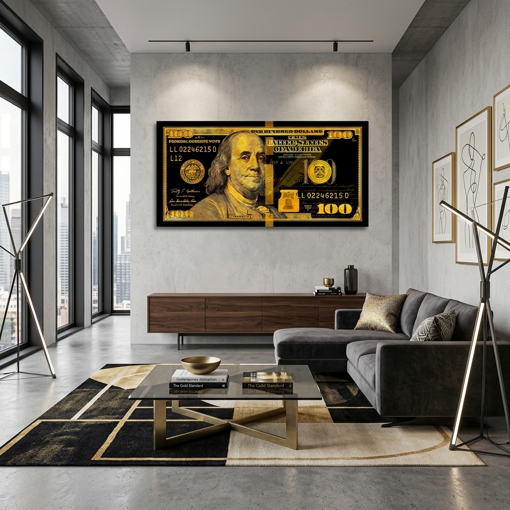 100 Dollar Bill Black And Gold Motivational Canvas Wall Art Print