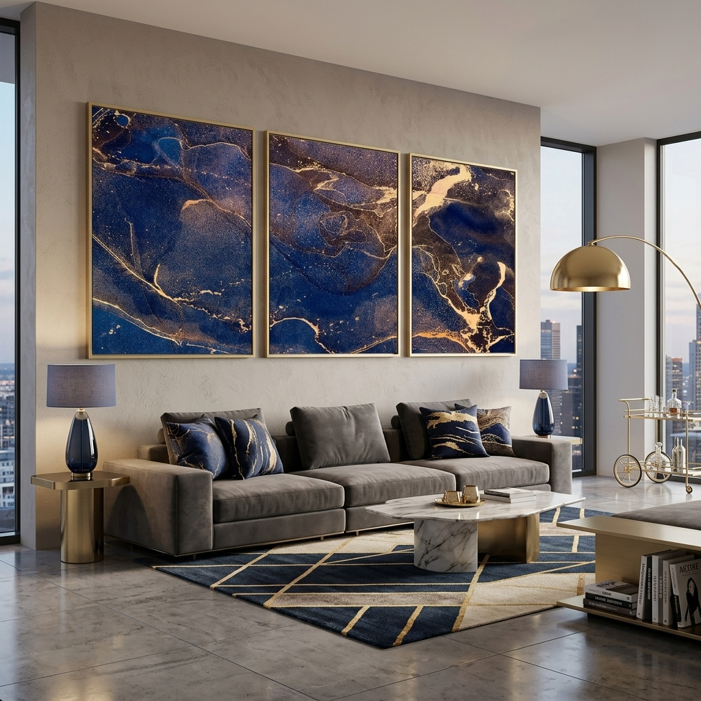 Modular blue-gold abstract Multi Panel Canvas Wall Art Print
