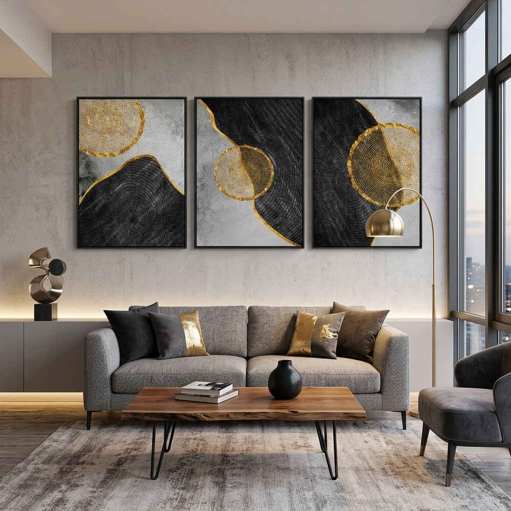 Modular geometric abstraction with golden border of figures Multi Panel Canvas Wall Art Print