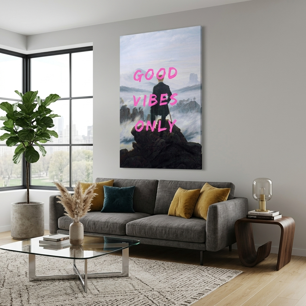 Canvas Wall Art Print Wanderer over the sea of fog. Good vibes only