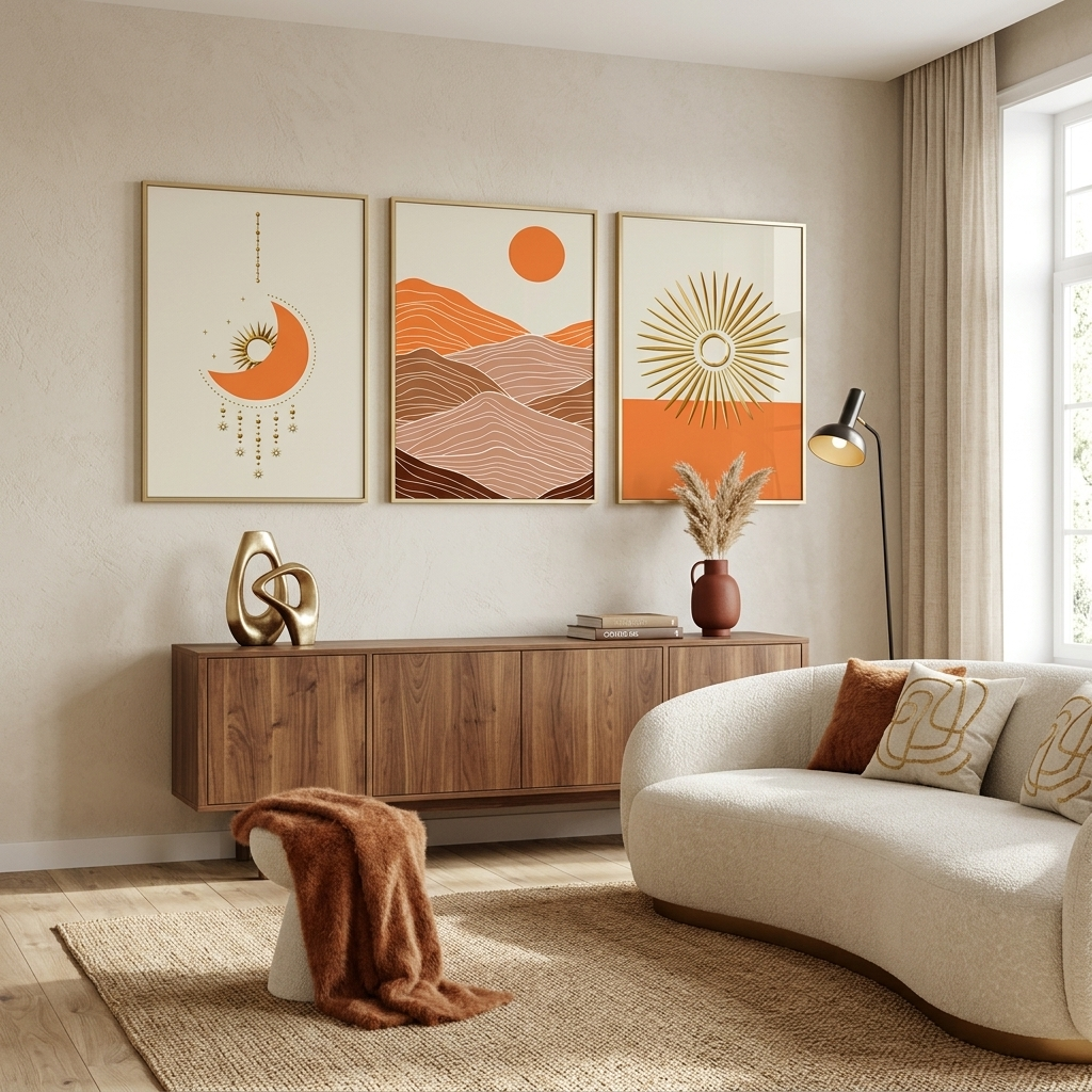 Modular geometric abstraction with bright orange color Multi Panel Canvas Wall Art Print